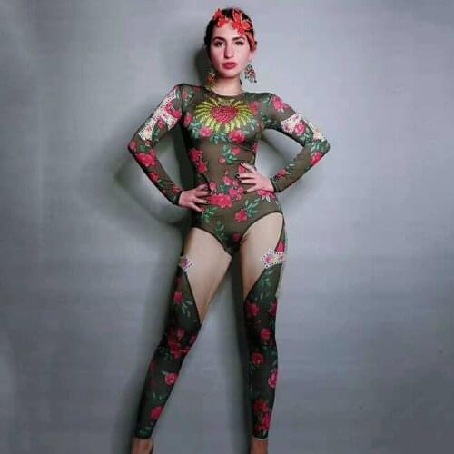 Red Diamond Flowers Leaves Pattern Jumpsuit Prom Birthday Celebrate Bodysuit Women Singer Costume Stage Bar Outfit DN1451