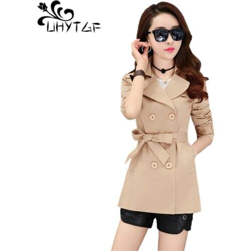 UHYTGF M-3XL Casual Short Jacket Women Fashion Thin Spring Autumn Windbreaker Coat Belt Double Breasted Slim Female Jacket 1152