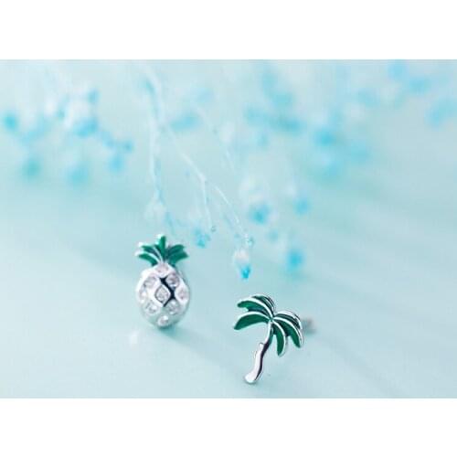 MloveAcc 100% 925 Sterling Silver Jewelry Fashion Asymmetric Fruit Pineapple Coconut Trees Stud Earrings for Daughter Girls