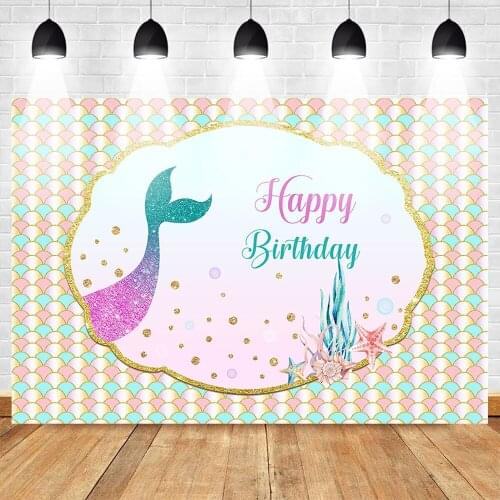 MOCSICKA Mermaid Backdrop Happy Birthday Photo Background Celebration Party Banner Photography Backdrops for Photo Studio