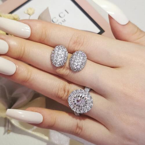 2pcs Pack 925 Sterling Silver Jewelry set halo Engagement ring round stud earring for Wedding gift J6302