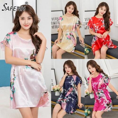 Women Satin Sleepwear Silk Nightgown Short Sleeve Nightdress Women Ladies Fuax Silk Robes Nightwear Night Dress