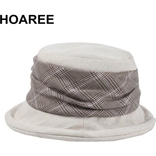 HOAREE Female Khaki Plaid Floppy Hat Vintage Women Bucket Hat Cotton Japanese High Quality Ladies Fisherman Hat