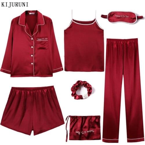 Female Long Sleeve Pyjamas Women 7 Pieces Red Pajamas Set Satin Silk Sexy Lingerie Home Wear Sleepwear Pyjamas Set Ladies Pijama