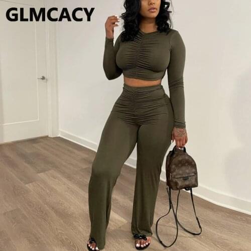Two Piece Casual Suits Long Sleeve Solid Crop Top & Slim Pants Set