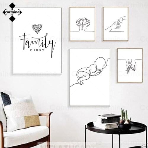 Family Decor Wall Art Posters Baby Foot Minimalist Lines Canvas Paintings Modern Black and White Simple Style Printing Pictures