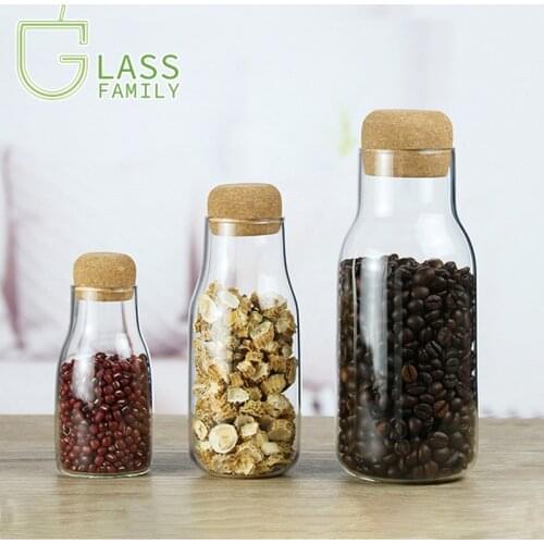 GF Glass Food Storage Bottle with Cork Lid Clear Canister Sealed Jar for Serving Spice Sugar Salt Tea Kitchen Storage Container