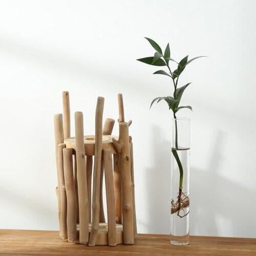 Glass Test Tube Vase In Wooden Stand For Hydroponic Plants Office Home Decor