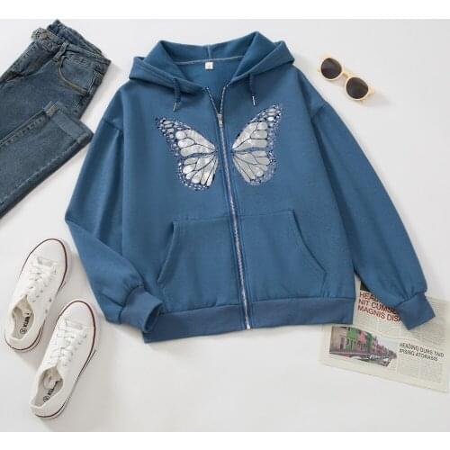 Dark Blue Zip Up Hoodie Butterfly Print Sweatshirt Streetwear Jacket Autumn Winter Pullover Oversized Aesthetic Hip Hop Clothes