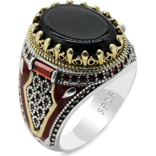 Big Stone Vintage Silver Ring Turkish Jewelry Oval Natural Agate Stone Gemstone Enamel Rings Mens Women Fine Jewelry Party Gift