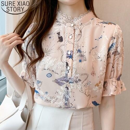 Elegant Chiffon Blouse with Lace Shirt Women Tops Sweet Short Puff Sleeve Print Blouses Summer Stand Collar Floral Clothes 15212