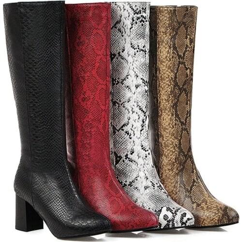 New Autumn Winter Zipper Boots Lady Fashion Snakeskin Pattern Pointed Lady High Heel Long Boots Non-Slip Comfortable Women Shoes