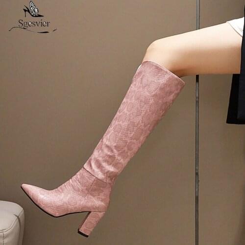 Sgesvier Woman Knee High Boots Pointed toe Slip On Autumn Winter Thigh High Boots Keep Warm Motorcycle Botas Mujer Brown Black