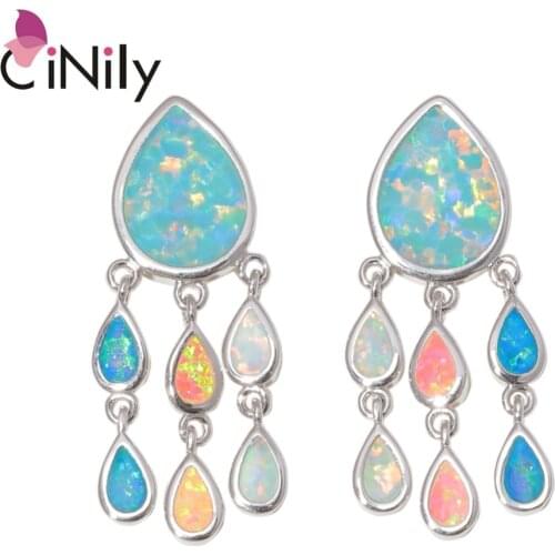 CiNily Created Green Blue Pink White Fire Opal Silver Plated Wholesale for Women Jewelry Wedding Drop Earrings 1 1/4" OH4543