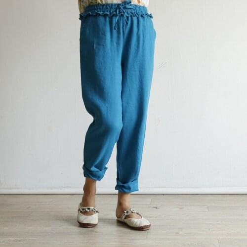 Women Loose Linen Elastic Waist Pencil Pants Ladies Vintage Solid Color Flax Pants Female Trousers 2021 Spring Summer