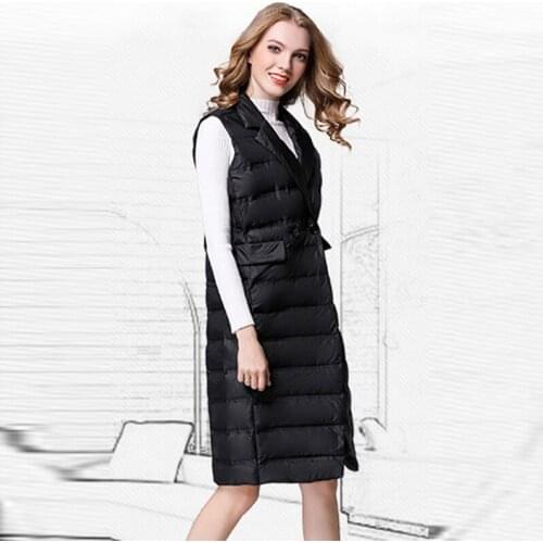 New Women Long Down Vests 2018 Autumn Winter Female Solid Color Slim Down Waistcoats 90% White Duck Down Vests Outwear FP1304