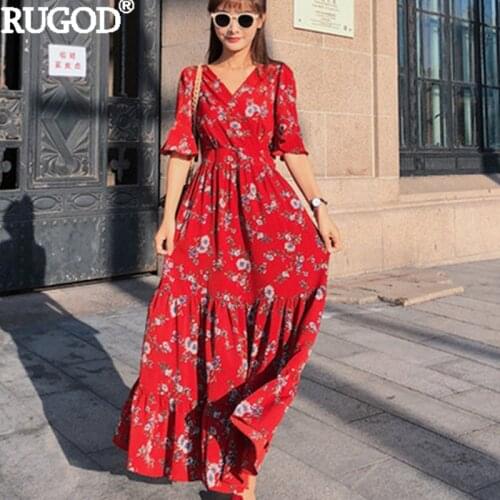 RUGOD Women Spring Summer Dresses Fashion Floral Print Long Dress Vintage Casual V -neck Shaped Floral Dress 2020 Dresses Summer