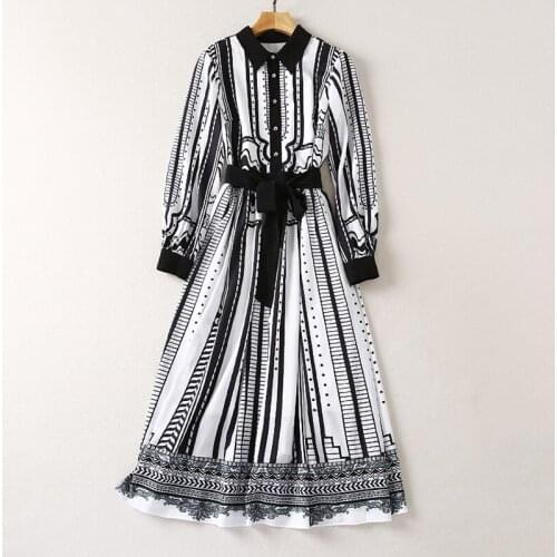 2021 Autumn Fashion Designer Dress Long Sleeve striped Dot Printed Single Breasted Elegant Belt A-Line Midi Dresses
