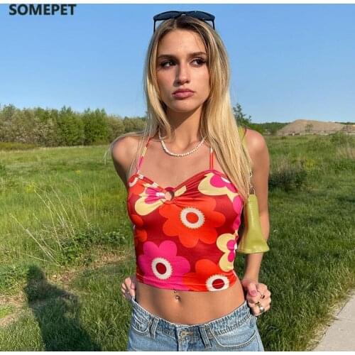 2021 Y2K Kawaii Flower Printing V-Neck Lace-Up Midriff Crop Tops Summer Women Casual Wild Home Clothing Streetwears