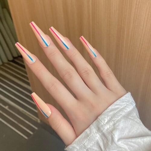 24pcs Blue Red Lines Nail Patch Glue Type Removable Long Paragraph Fashion Manicure Save Time False Nail Patch DL