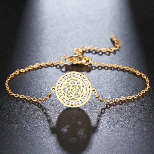 CACANA 316L Stainless Steel Bracelet Rose Vintage Pattern Round For Women Crystal Bracelets Gold Color Engagement Jewelry