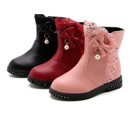 Large size Children Snow Boots Bow Warm Winter Boots Fashion Plush Baby Shoes Water-Proof Sneakers Girls red black Booties