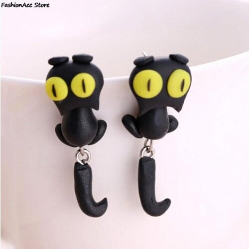 Handmade yellow eyes Cute Cat Stud Earring Jewelry Polymer Clay Cartoon 3D Animal Earrings For Women about 4.0*1.5c m