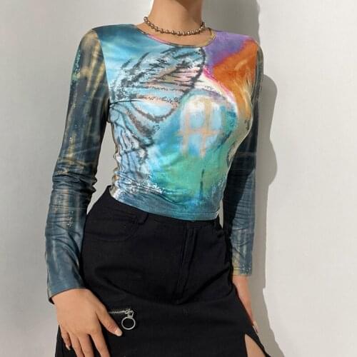 Fairy Art Print Long Sleeve T-Shirts Y2K Streetwear Round-Neck Vintage Crop Tops Summer Tees Slim