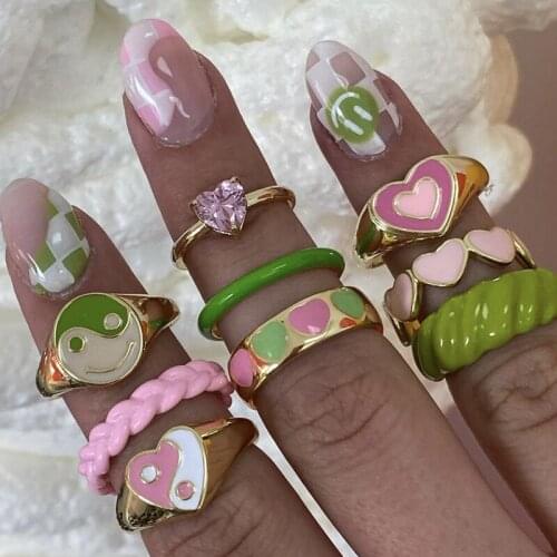 Vintage Aesthetic Colorful Metal Rhinestone Heart Ring Geometry Simple Rings Set for Women Girls Jewelry Birthday Gifts