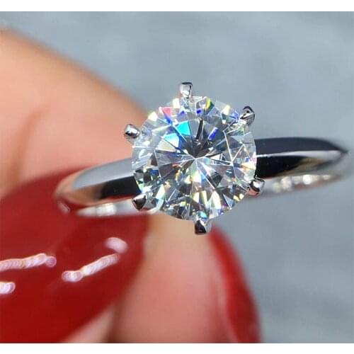 Solid Real 18K Au750 White Gold Moissanite Diamond Ring D color VVS 1.0Carat ct 6.5mm Round Excellent Cut Grade for Women