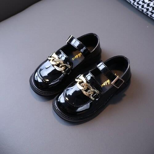 Girls' Leather Shoes 2021 Autumn New Childrens Solid Kids Shoes Western Style for Wedding Fashion Flats metal Button