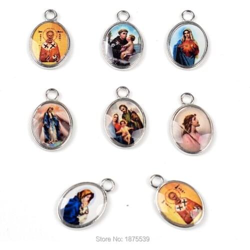 Small Pendant Used in Bracelet One Side Color Catholic Figures Jesus Mary Holy Family Another Side Cross