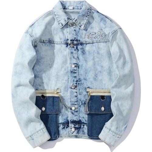 Mens Fashion Hi Street Oversized Hip Hop Denim Jacket With Pockets Vintage Blue Jeans Coat With Embroidery Outerwear Tops