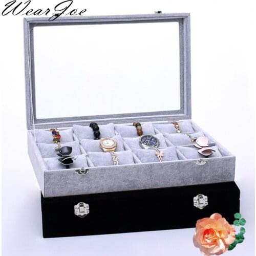 Large Size Soft Velvet Watch Storage Carrying Wood Box 12 Pillow Slots With Glass Lid Bracelet Bangle Display Showcase Organizer