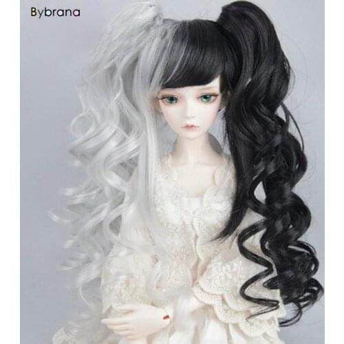 Bybrana BJD Wig For 1/3 1/4 1/6 High Temperature Fiber Girl Black And White Double Color Double Onytail Curly Hair For Dolls