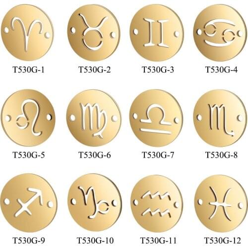 10pcs 316L Stainless Steel Hypoallergenic Round Coin Charm 12 Constellations Pendant Connector for DIY Chain Jewelry Making