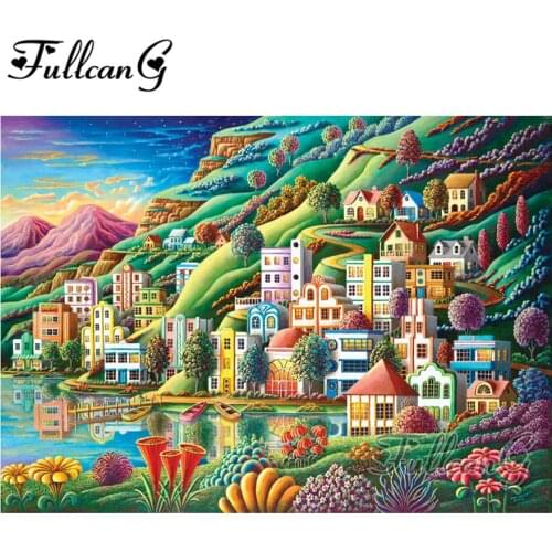 FULLCANG 5d full square/round drill diy diamond painting "lakeside village" wholesale diamond embroidery sale for gift FC275
