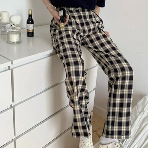 Simple Vintage Plaid Causal Long Women Pants Street Fashion Straight Wide Leg Pants Female Trousers Summer Clothes Streetwear