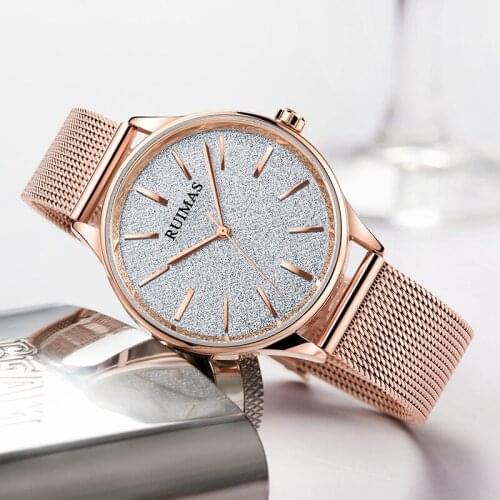 Ruimas Simple Analogue Dress Womens Watches Stainless Steel Mesh Strap Quartz Wrist Watches Lady Watch