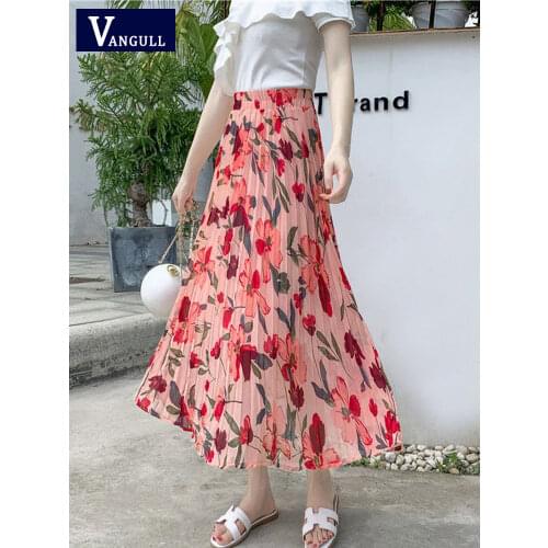 Vangull 2020 Summer Women Long Pleated Skirts Vintage Floral Printted Skirt High Waist Flower Midi Skirt Korean Elegant Skirt