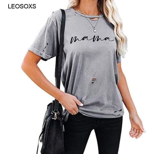 Womens Clothing 2021 Summer New Top Tear Hole Printed Round Neck Casual Loose Short Sleeve Womens T-shirt