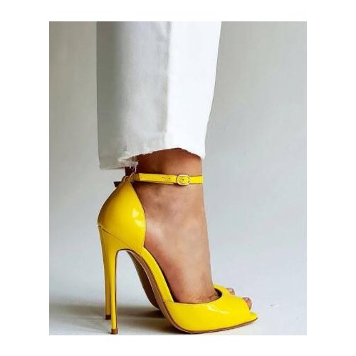 Moraima Snc Sexy Peep Toe Ankle Strap Women Shoes Yellow Patent Leather Cutouts Gladiator Shoes Thin Heels Ladies Pumps