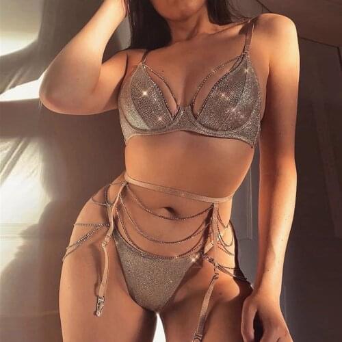 Chic Hot Drilling Women Three Piece Sets Low Cut Backless Bra Sexy Thong Panty Multilayer Metal Chain Garter Luxury Outfits