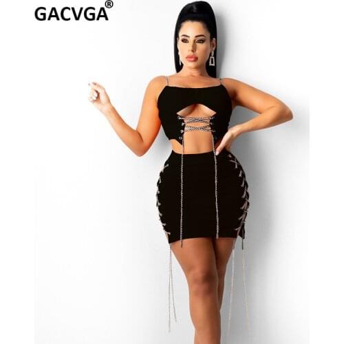GACVGA Chain Sleeveless Sexy Two Piece Set Bandage Crop Top And Mini Skirt Sets Women Summer Fashion Casual Party Dress Suits