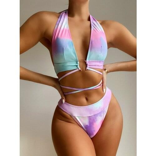 Women maillot de bain 2 piece femme sexy bikini tie-dye print swimsuit women high waist bandage lace up halter swimwear women