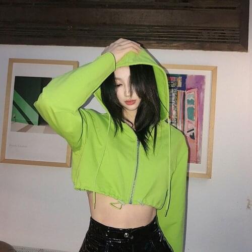 2021 new product personality punk girl hooded sweater women all-match high waist long sleeve zipper crop top