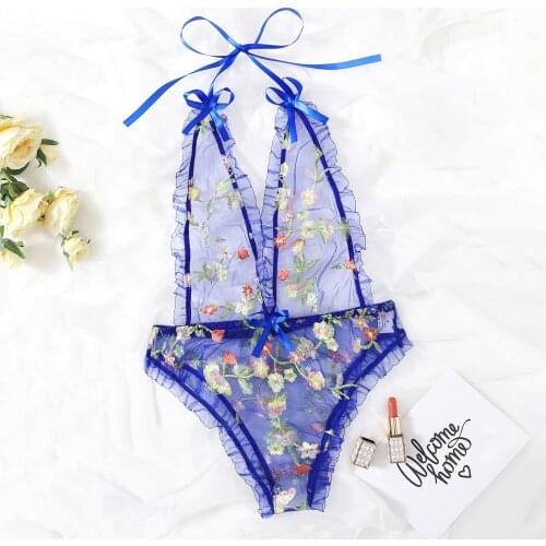 Women Sexy Lingerie Bodysuit Floral Embroidery Perspective Mesh Halter Teddies Ladies Exotic Underwear Sleepwear Nightwear