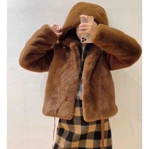 Women winter plush coat warm clothes French brand long-sleeved hooded tops female