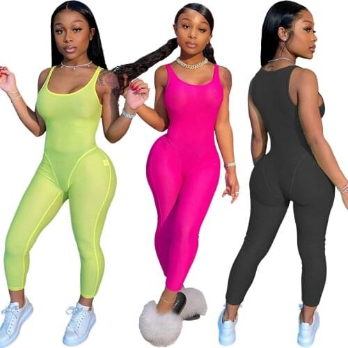 1L214 Summer Women Casual Fashion Sexy Solid Skinny Transparent Mesh Vest Jumpsuit Playsuit Rompers Plus Size Hot