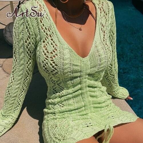 Artsu Hollow Knitted Exotic Dresses For Women 2021 Long Sleeves Bandage Y2K Female Outfit Plus Size Mini Dress Clothes
